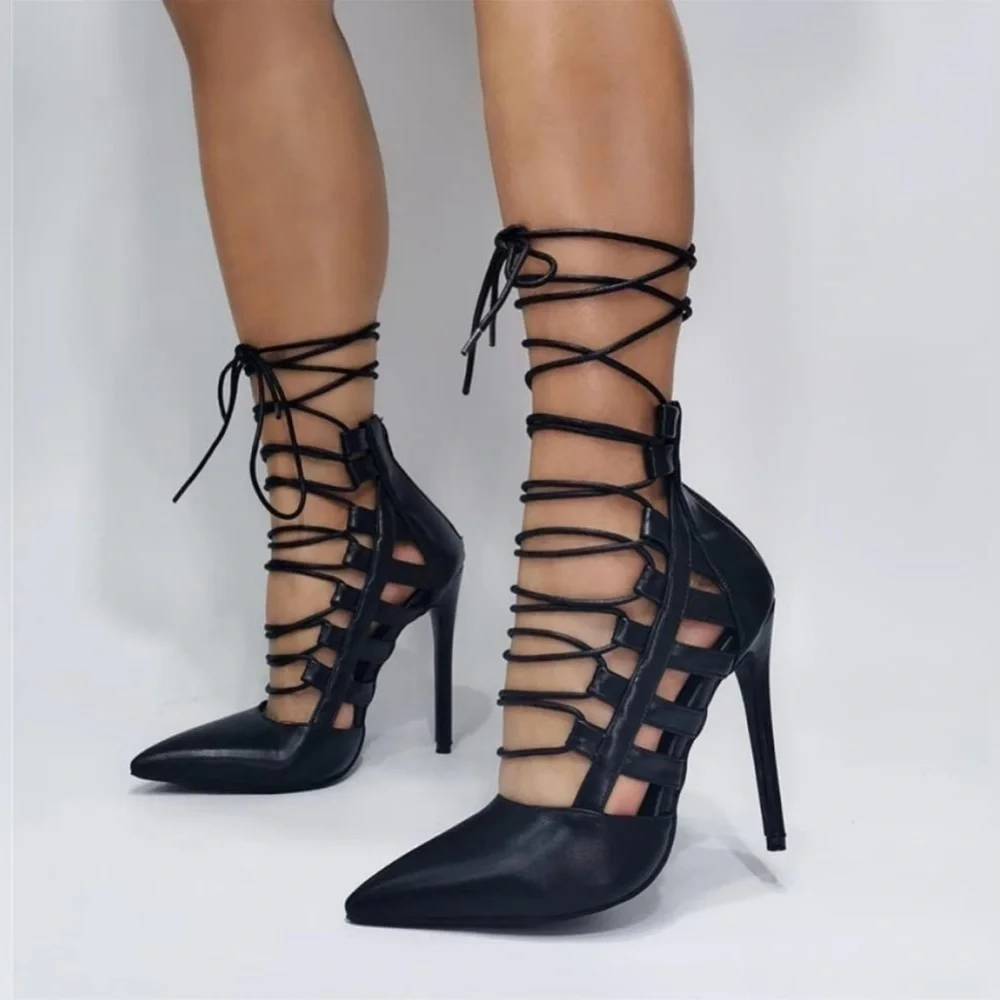Lace Up Strappy Stiletto Pointed Toe Heels, Black 9